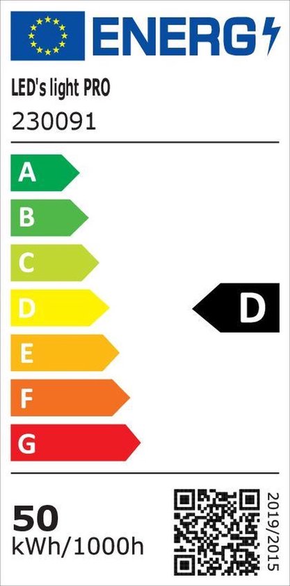 Energie-etiket met de tekst LED's light PRO 230091, energieklasse D en een verbruik van 50 kWh/1000h.
