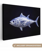 Canvas schilderij 120x80 cm - Exclusieve wanddecoratie Porselein - Tonijn - Delfts - Blauw - Muurdecoratie woonkamer - Slaapkamer decoratie - Kamer accessoires - Schilderijen op canvas