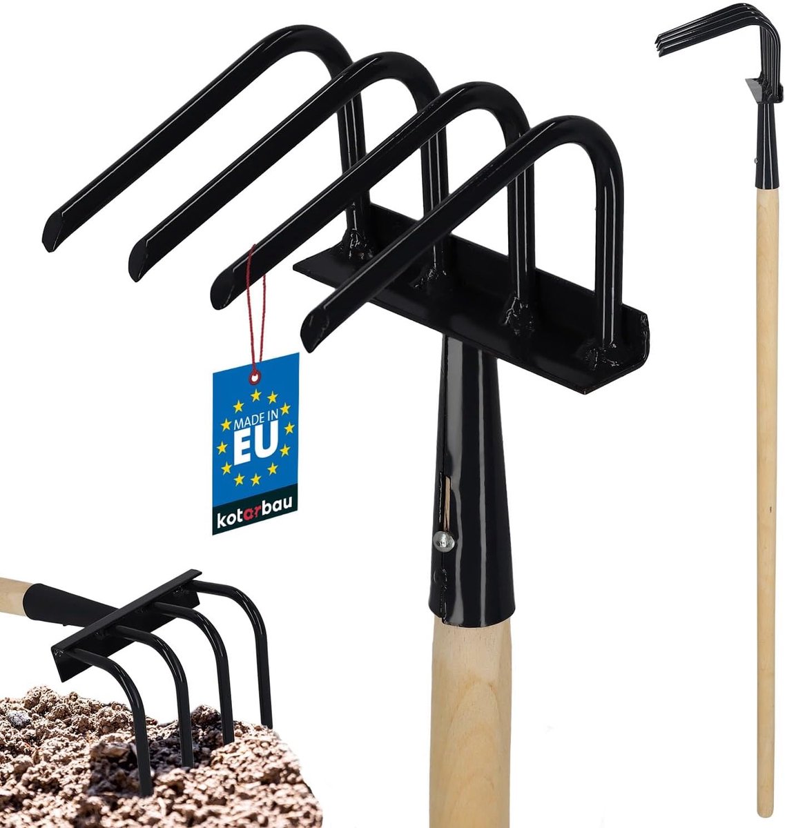 Tuinhak Vier Tand - Onkruidwieder Hak - Grond Losmaken - Stevige Stalen Klauwen - 120 cm Steel - Natuurlijk Hout