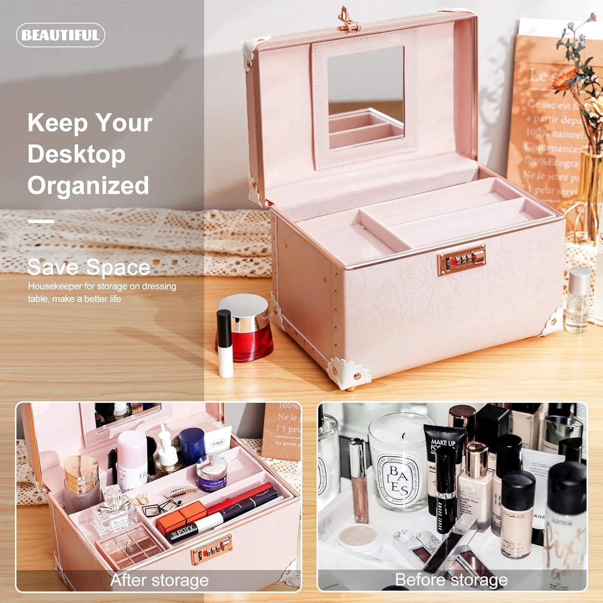 Cosmetische Koffer - Make-up Tas - Reizen en Opslag - Combinatieslot - 29x25x35 cm - Delicate Roze