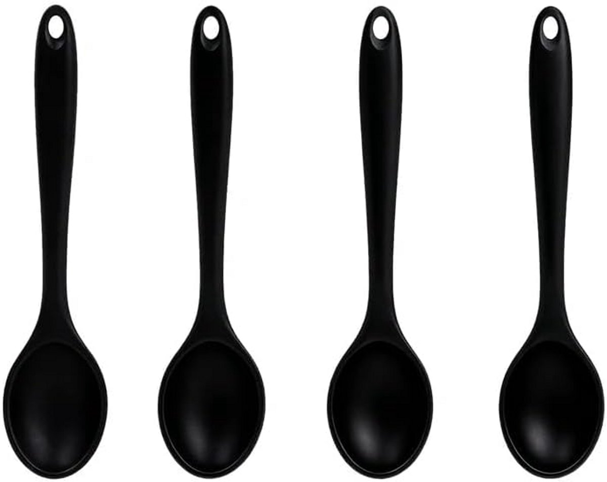 Set van 4 Zwarte Siliconen Lepels voor Koken en Bakken, Hittebestendig