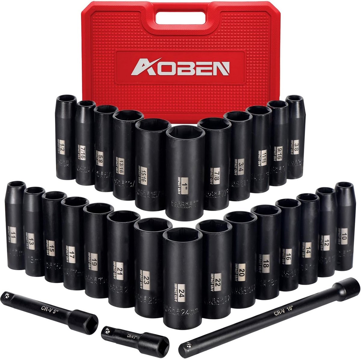 Impact Socket Set 1/2 inch Aandrijving 29 Delig Zespunts SAE Metrisch Inclusief Verlengstukken