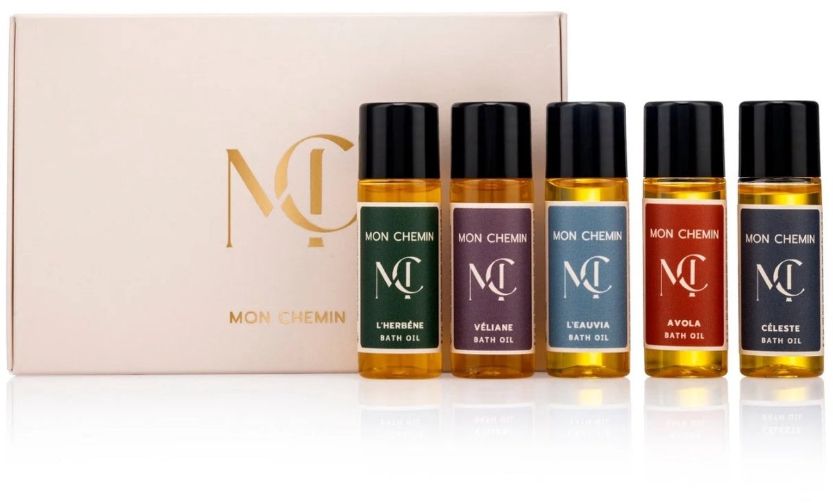 Mon Chemin® Badolie Discovery Set – Vijf Miniaturen Badolie in Luxe Cadeauverpakking