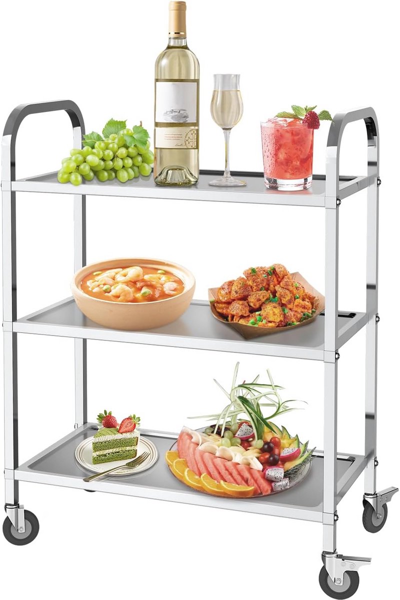 Serveerwagen RVS met 3 Legplanken - Trolley voor Horeca & Keuken - 62,5x31,5x80 cm