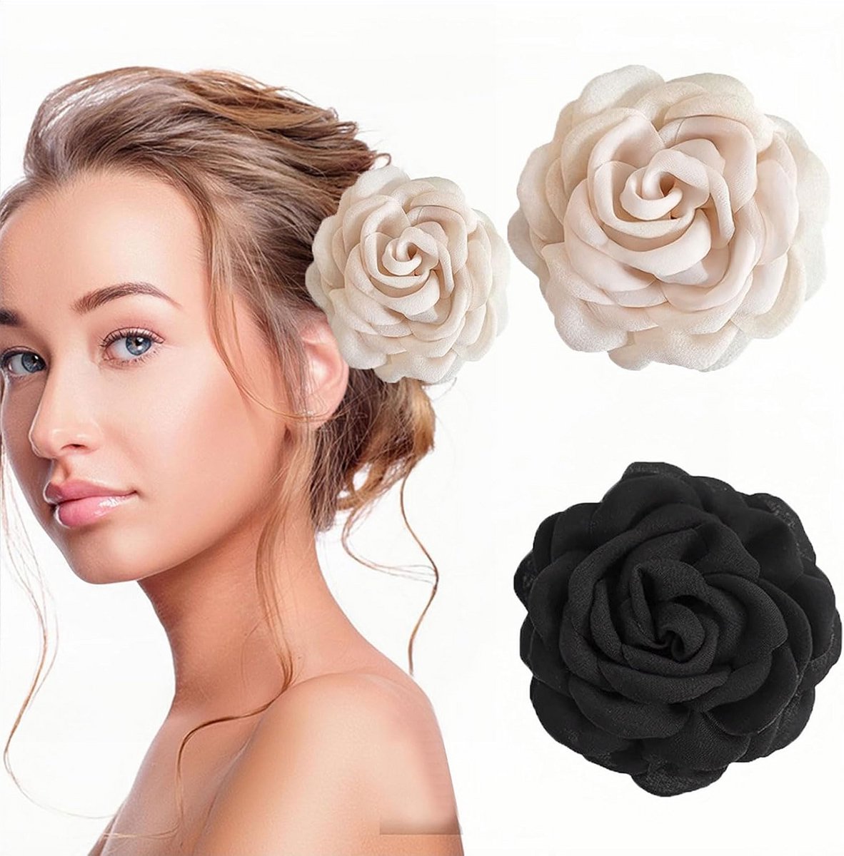 Set van 2 Grote Bloemen Haarclips Beige en Zwart voor Dames