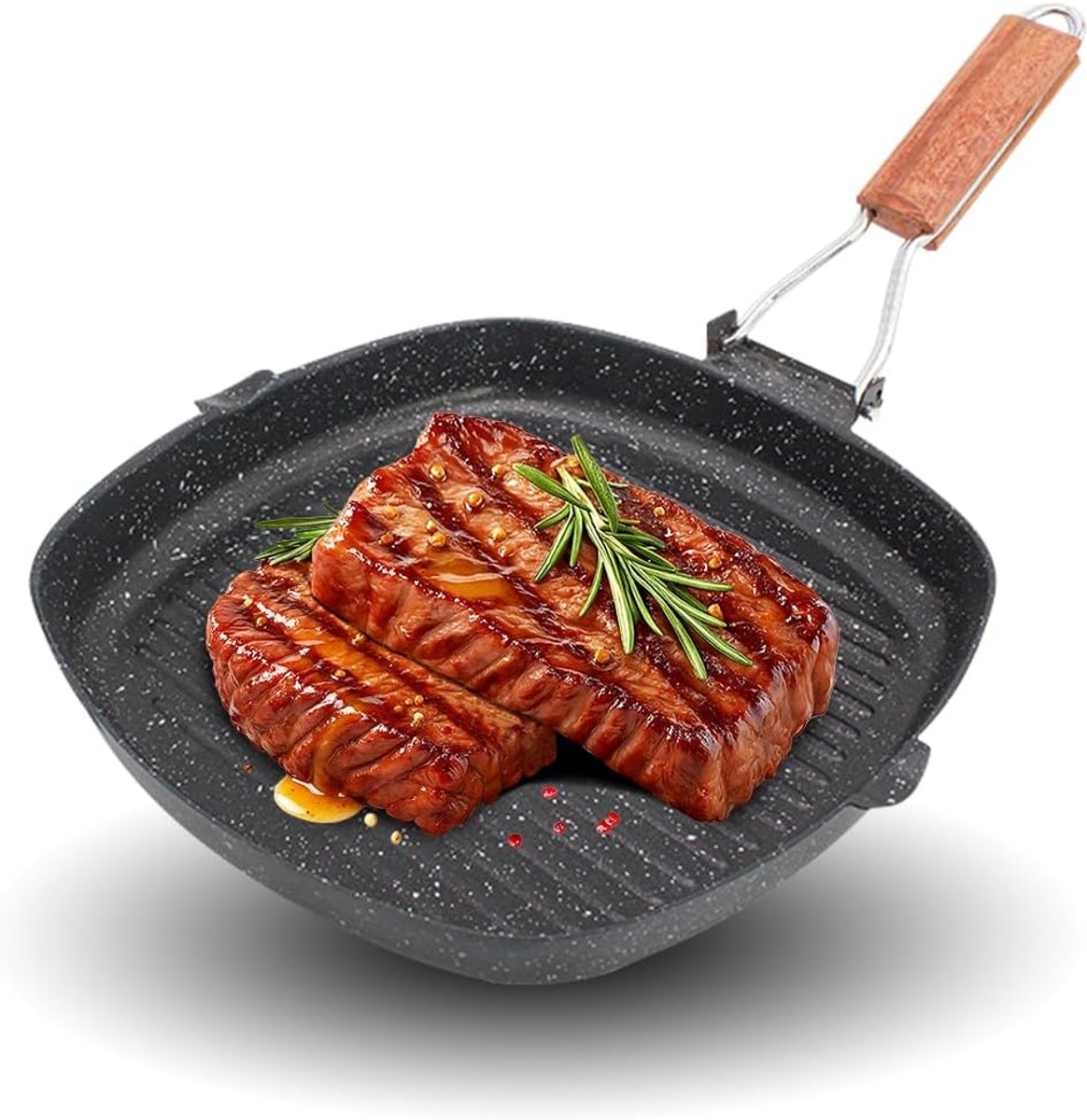 Grillpan 24 x 24 cm – Gietaluminium Steakpan met Anti-aanbaklaag en Inklapbare Handgreep – Geschikt voor Inductie, Gas en Oven