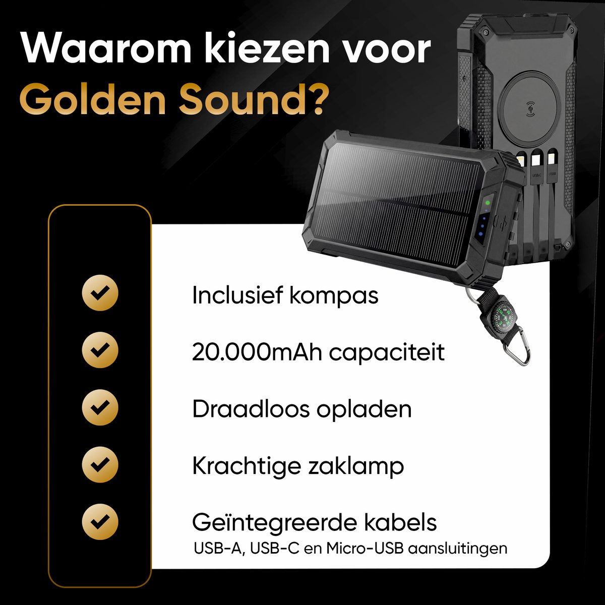 TIBA Golden Sound Solar Powerbank 20.000 mAh Draadloos Opladen - afbeelding 2