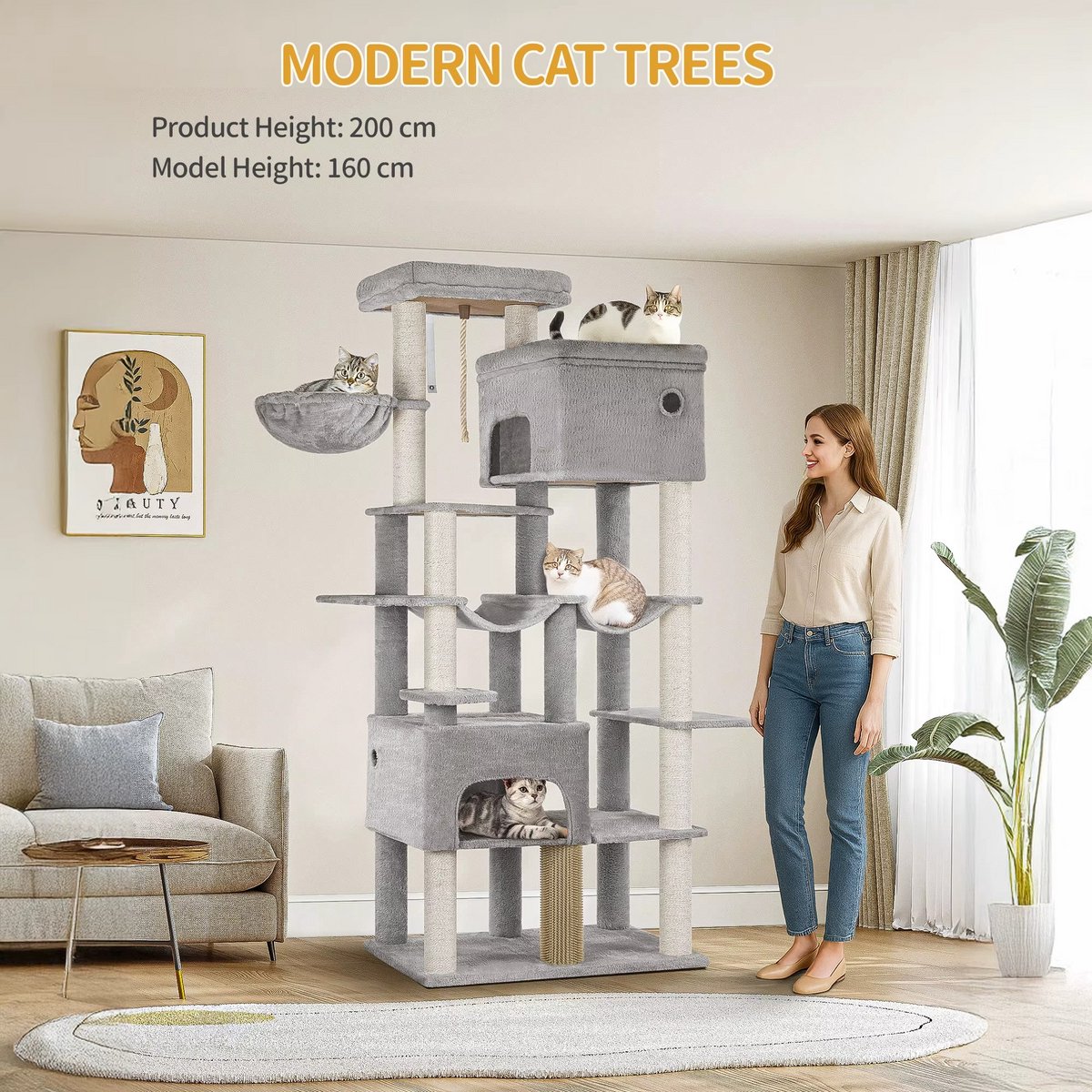 Multi Level Cat Tower - 200 cm - Krabpaal Katten Groot – Met 10 Krabpalen en 2 Hangmatten – Kattentoren met 2 Holletjes, Mand en Platform – Inclusief Kattenborstel – Geschikt voor Grote Katten en Kittens – foto 2