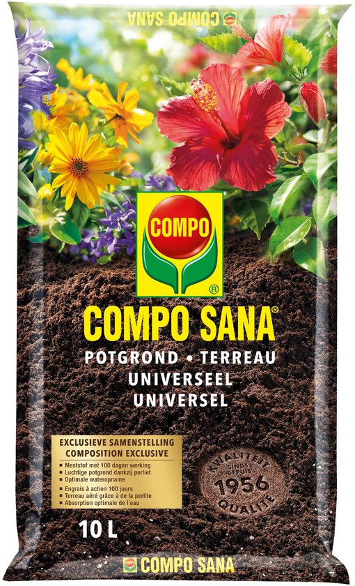Zak potgrond met bloemen en de tekst Compo Sana Potgrond Universeel.