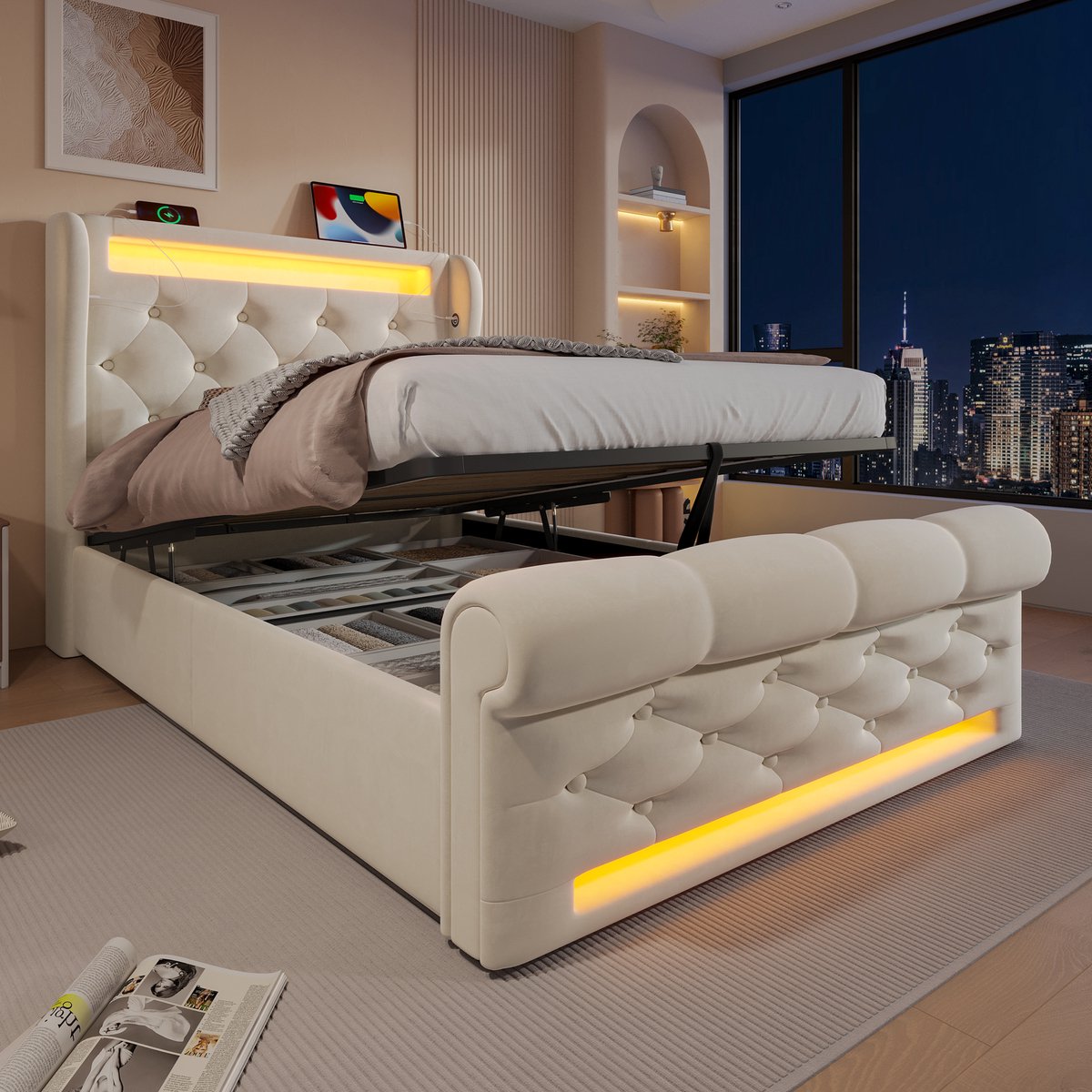 REDOM Opbergbed 90x200 cm – Fluweel – Hydraulisch – LED & USB/Type-C – Beige – 150 kg