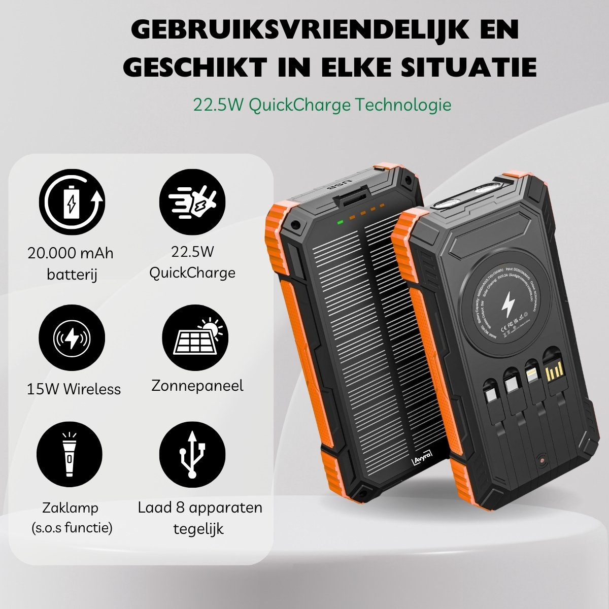 Avyra Solar Powerbank 20000 mAh - Zonneenergie - Powerbank - afbeelding 2