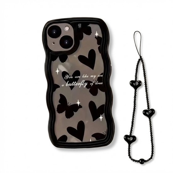 Coque iPhone transparente avec cœurs et papillons noirs, texte 'butterfly of dream' et cordon poignet cœurs.