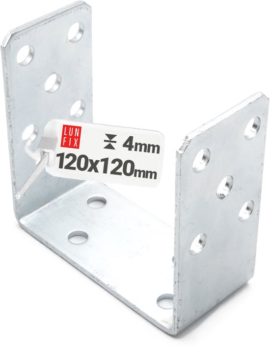 U-vormige paalhouder van verzinkt staal met 4mm dikte en afmetingen 120x120mm.
