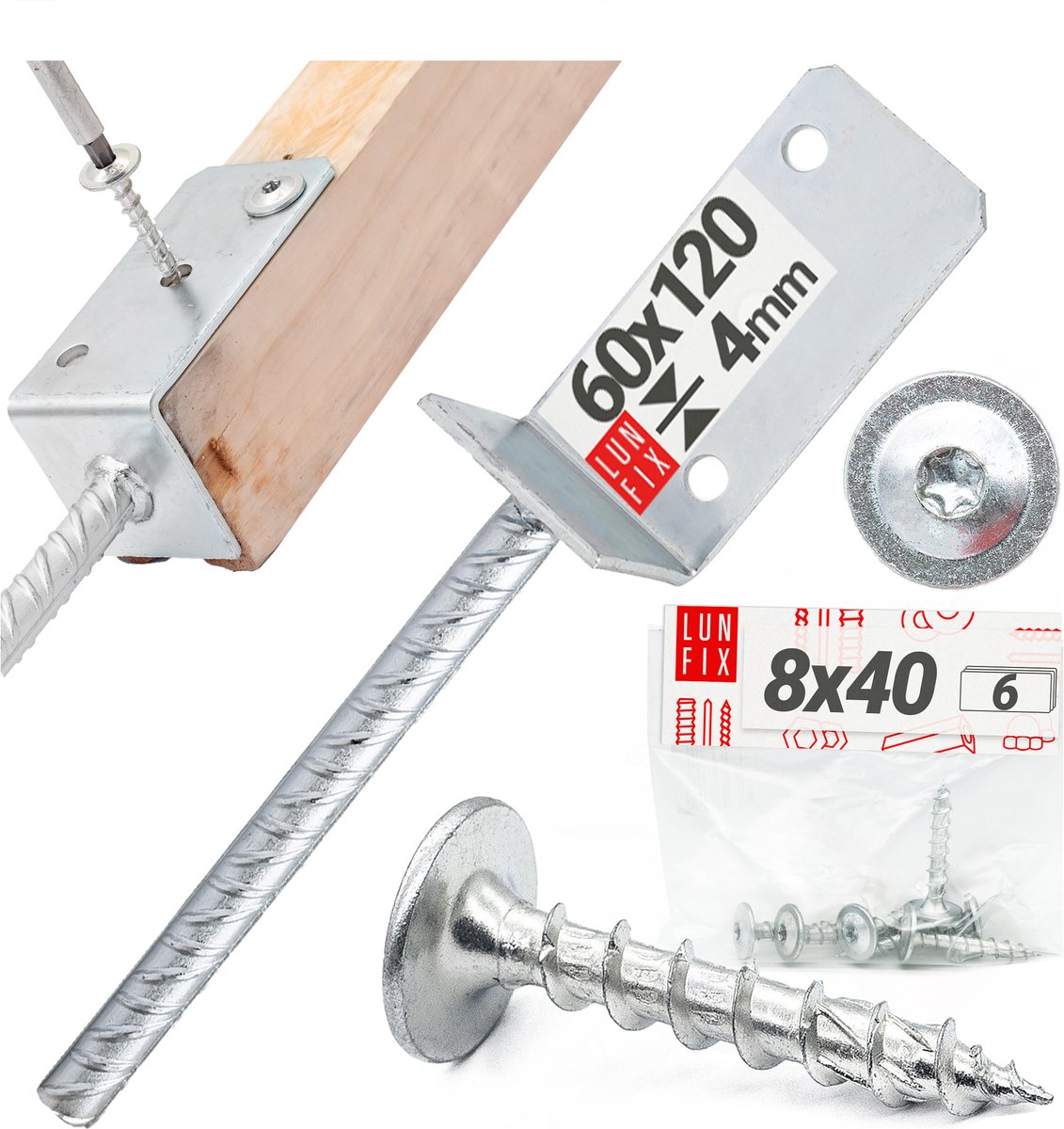 LUN FIX - L-Pfostenträger 60x120 mm met Ø11 mm betonanker - 6x schroeven 8x40 mm - vuurverzinkt - paalanker