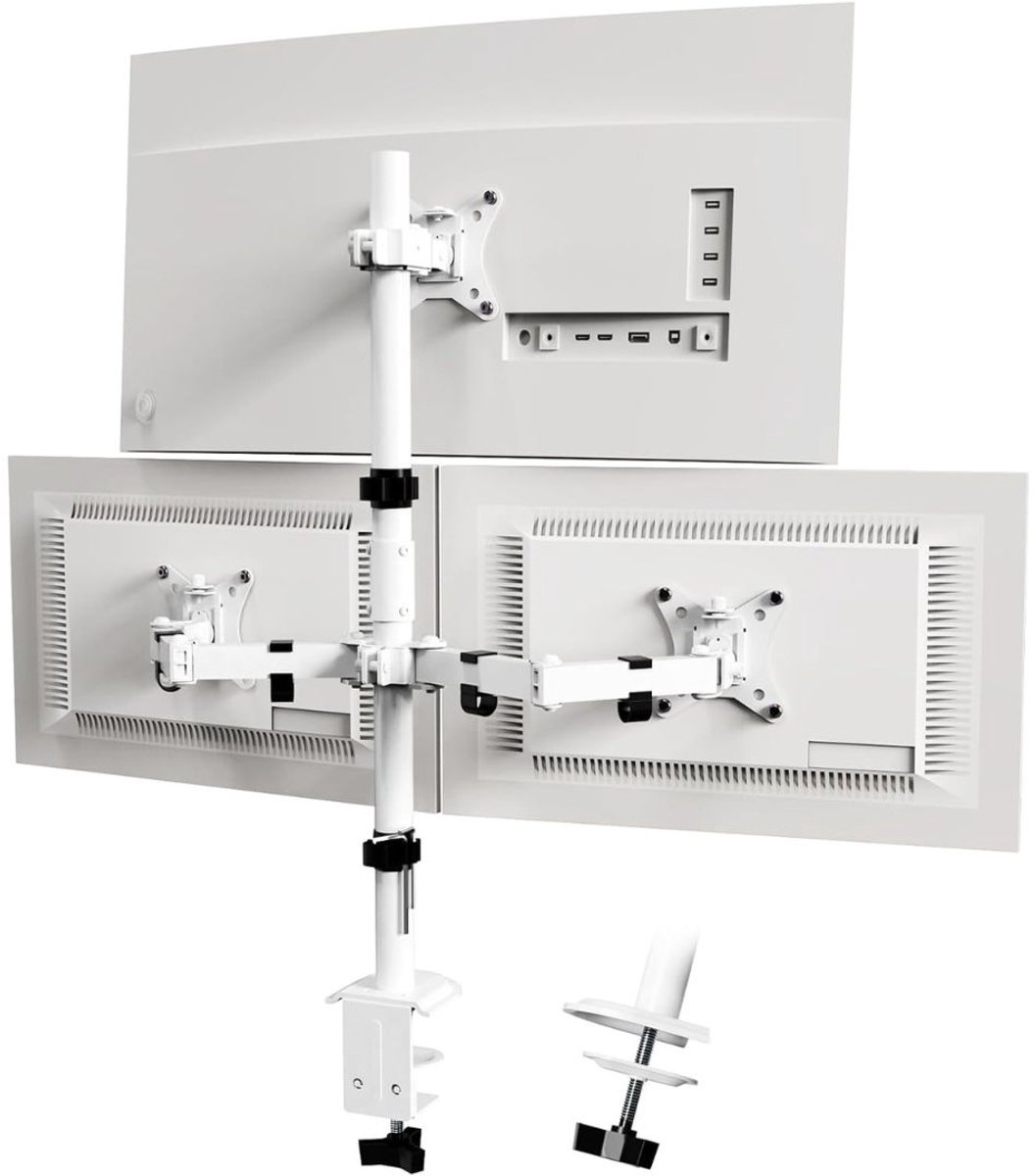 SAVI®Monitorarm 3 schermen - Muurbeugel - Klemdoorvoertule - Wit - 42cm x 18cm x 16cm