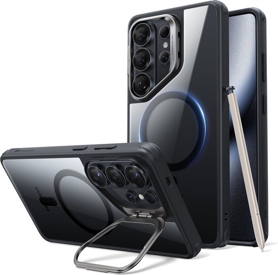 Zwarte telefoonhoes met zilveren standaard en een telefoon met stylus ernaast.