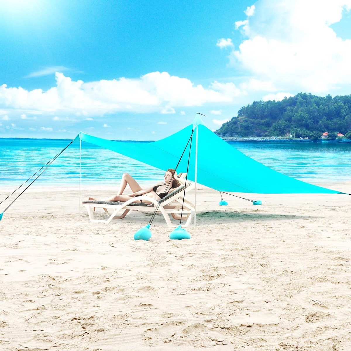 Buiten Bescherming Tegen de Zon Draagbare Strandtent met 2 Stokken UV-Bescherming Strandzonzeil met Strandtassen voor Strandcamping 300X300cm - Strandschelp