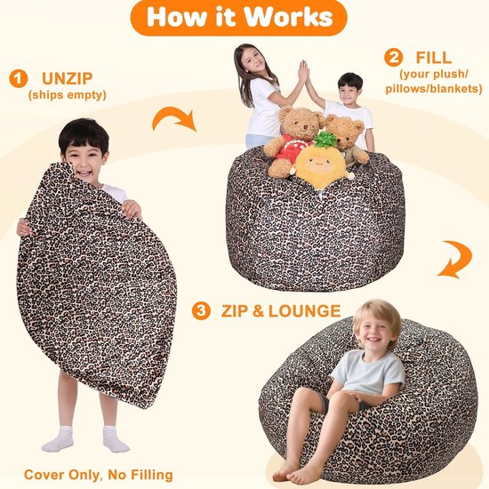 Opbergzak Knuffels - Zitzakhoes Pluche - Speelgoed Opbergen - XL Groot Formaat - Machine Wasbaar - Léopard Velvet — afbeelding 2