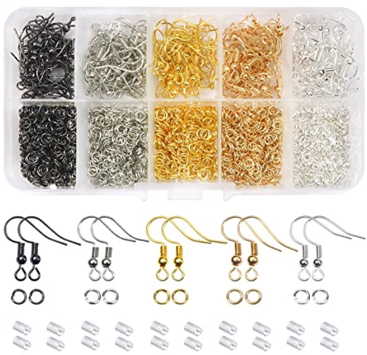 Complete set oorbelhaakjes met ringen en sluitingen - 1150 delig sieradenset in 5 kleuren