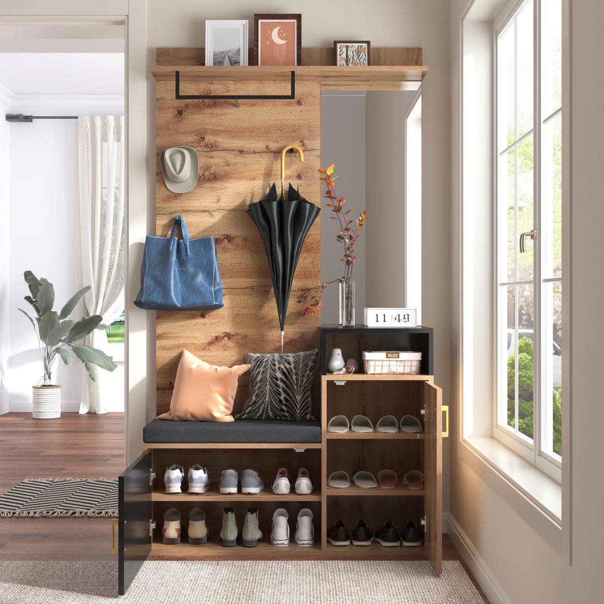 REDOM - Garderobeset - Met Spiegel, Schoenenkast En Zitbank - Hal - MDF En Spaanplaat - Zwart En Houtkleur - 105 x 40 x 191,5 cm