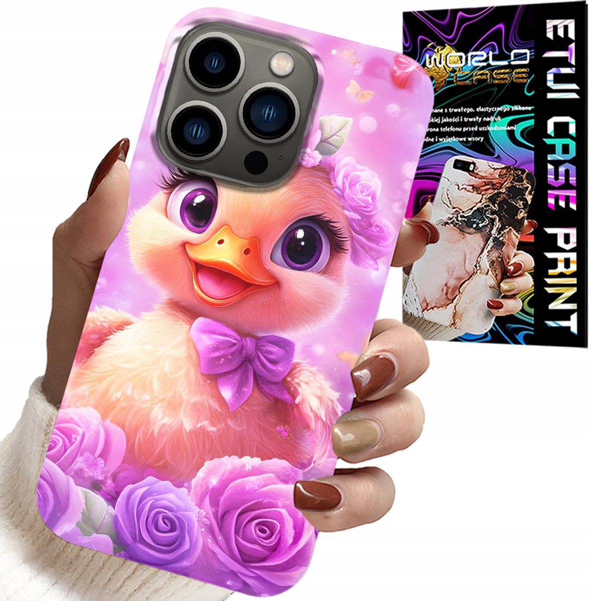 HOESJE VOOR IPHONE 15 PRO MAX - SCHATTIG EENDJE OP EEN ROZE ACHTERGROND