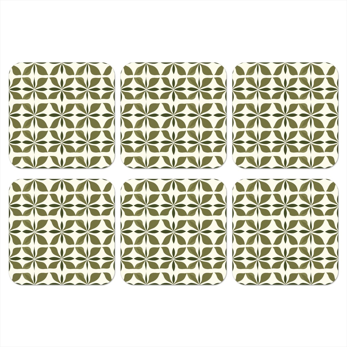Onderzetters voor glazen - Botanisch - Retro - Groen - 10x10 cm - Glasonderzetters - 6 stuks