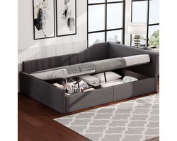 MODENUIT Bedbank 140x200 cm – Met opbergruimte onder bed – Rugleuning en armleuning – Zonder matras – Linnen – Grijs