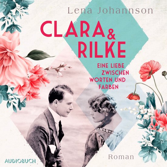 Boekomslag van 'Clara & Rilke' met een vintage foto van een koppel, omlijst door roze bloemen op een beige achtergrond.