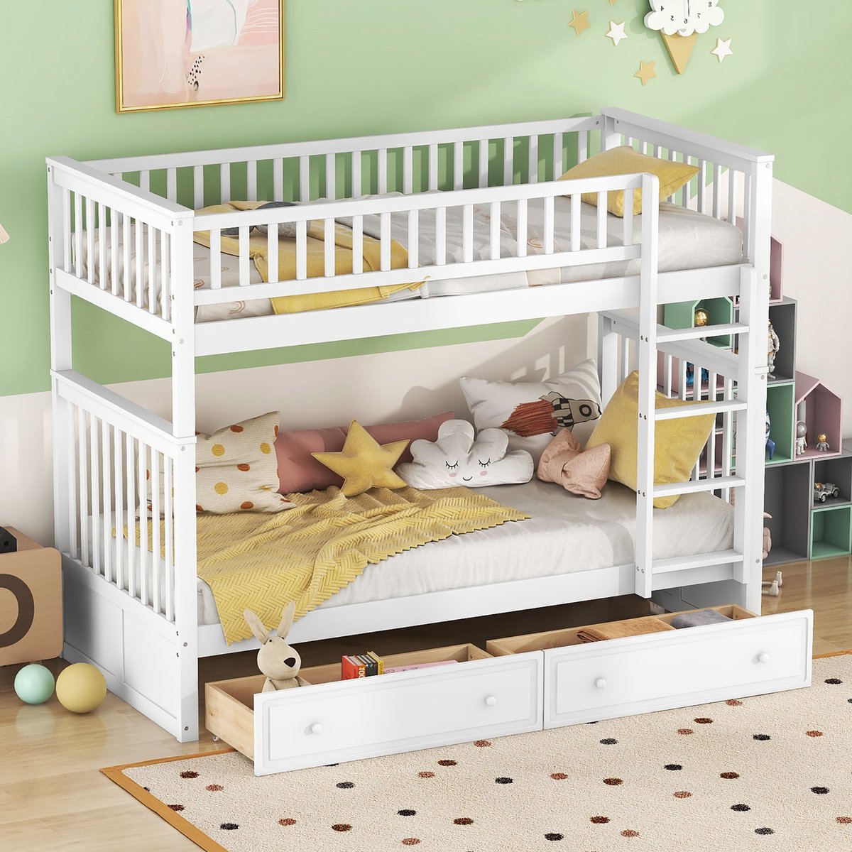 MODENUIT Stapelbed 90x200 cm – Omvormbaar tot 2 Eenpersoonsbedden – Met 2 Lades – Zonder m