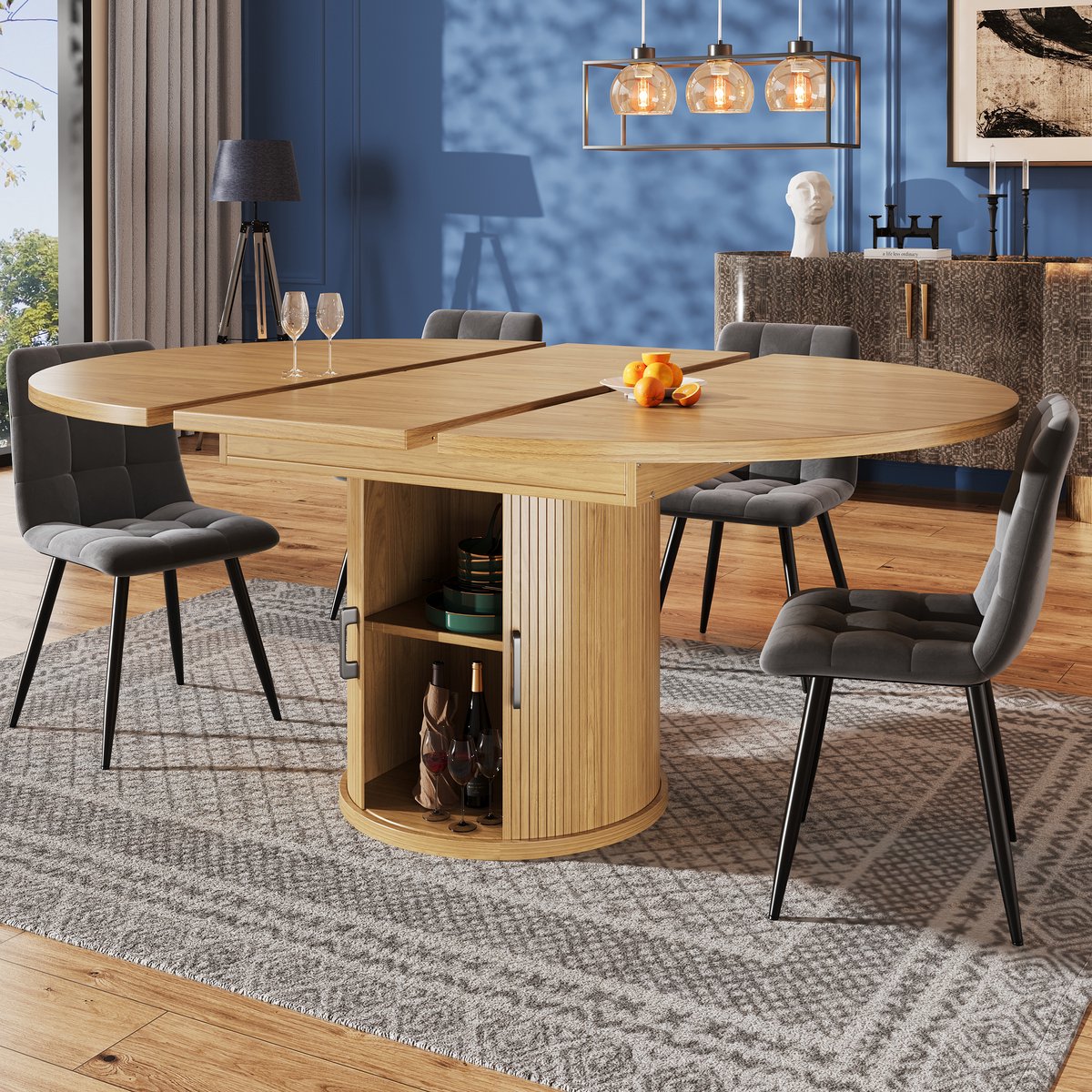 Wishdor - Uitschuifbare Eettafel - Met Opbergruimte En Verstelbare Poten - Retro - MDF - Naturel - 118-158 x 118 x 76,8 cm