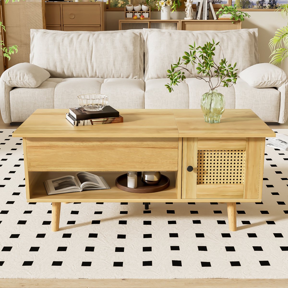 Wishdor - Salontafel - Hefbaar Tafelblad En Opbergruimte - Modern - Voor Woonkamer - Spaanplaat Met Rotanlook - Houtkleur En Zwart - 103 X 50 X 46/60 Cm
