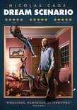 Poster van 'Dream Scenario' met Nicolas Cage, vrouw die vliegt en een meisje in konijnenkostuum.