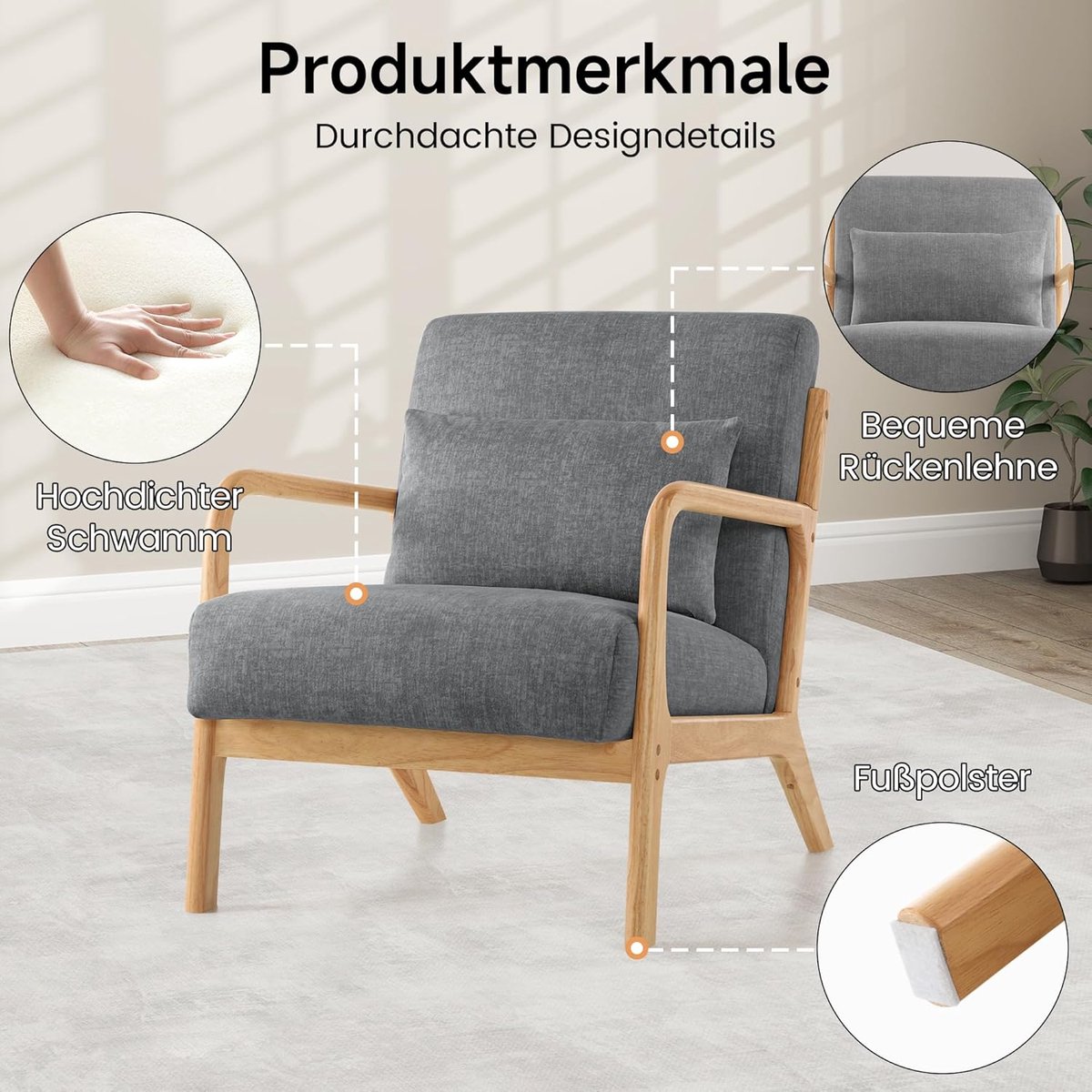 Accentstoel 2er-Set Bellavero – Moderne gestoffeerde loungestoel met armleuningen en houte