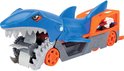 Blauwe Hot Wheels haaienauto transporteur met oranje achterkant en oranje wielen. Rode auto eruit.