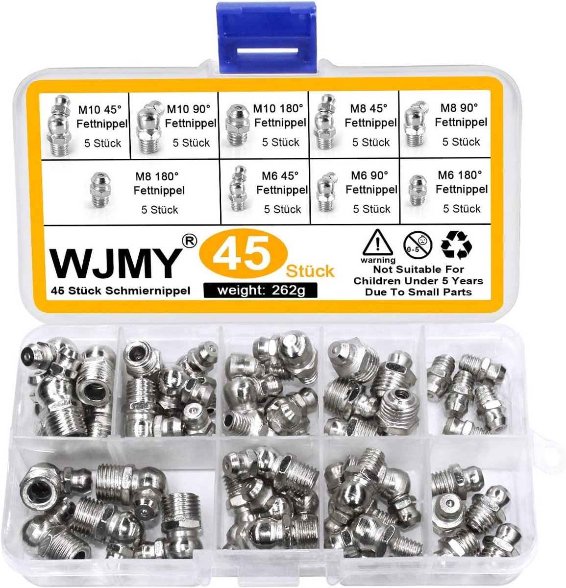 Assortiment Smeernippels Kegelsmeernippels Metrisch M6 M8 M10 45 Stuks Hoek 0 45 90 Graden