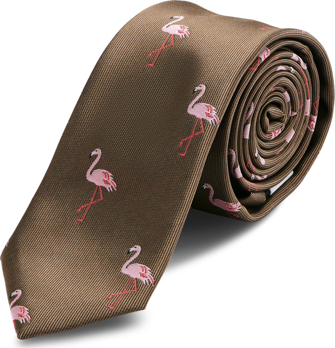 Bruine Smalle Stropdas met Roze Flamingo's