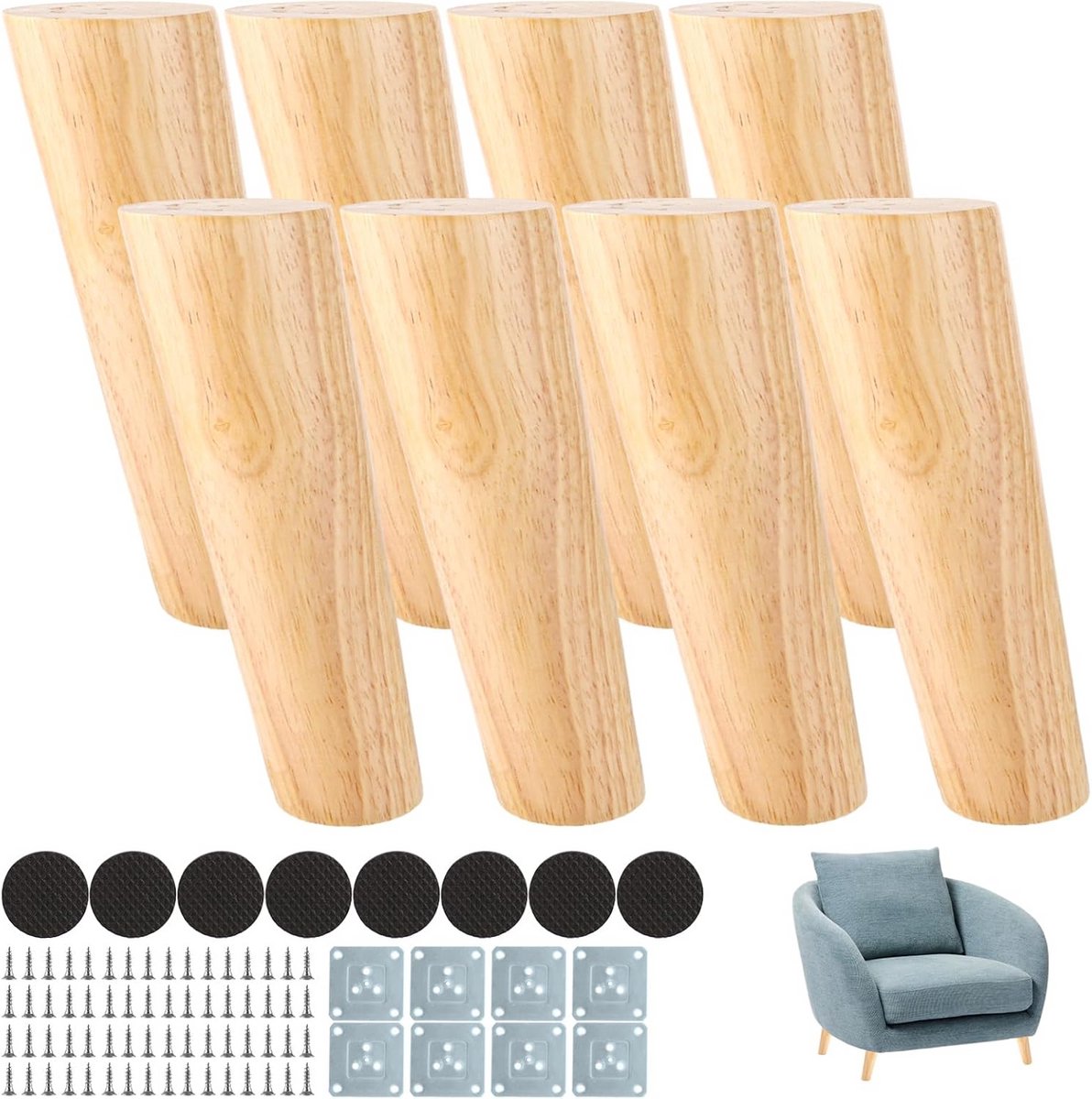 Set van 8 schuine houten meubelpoten 15 cm met montageplaten en schroeven voor tafels en kasten