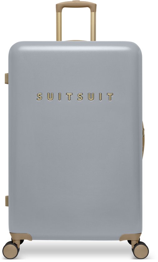 Een staande lichtgrijze SUITSUIT koffer met gouden logo, wielen en handvat, op een witte achtergrond.