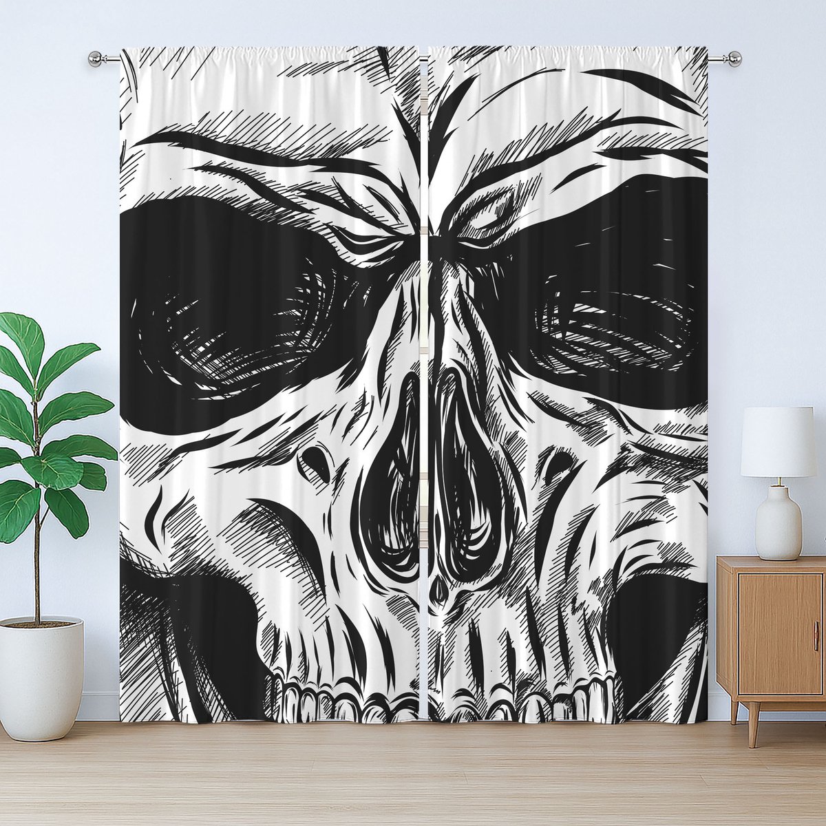 ABAKUHAUS Rustiek gordijn met schedelmotief, gotische schets, ondeugend gezicht, met lussen en haken voor de slaapkamer, 280 x 225 cm, zwart-wit