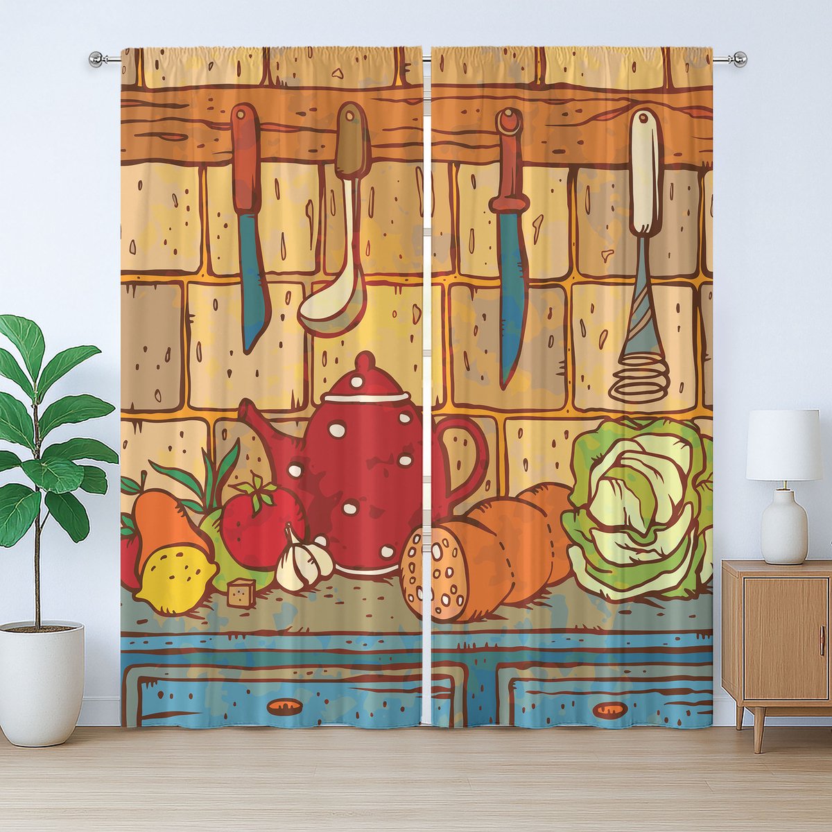 ABAKUHAUS Rustiek kookgordijn, keukentafel thema, met lussen en haken voor de woonkamer, 280 x 225 cm, meerkleurig