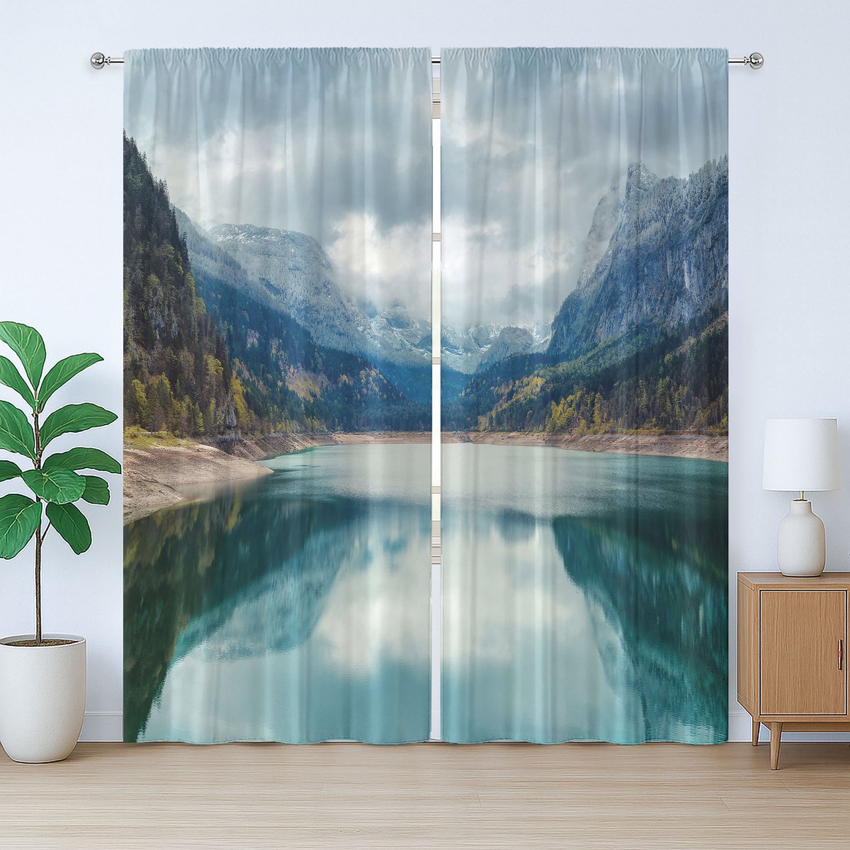 ABAKUHAUS Rustiek Berggordijn, Alpenmeer, Hemel, Bos, met Bandjes en Lussen voor de Woonkamer, 280 x 245 cm, Groen, Blauw, Grijs