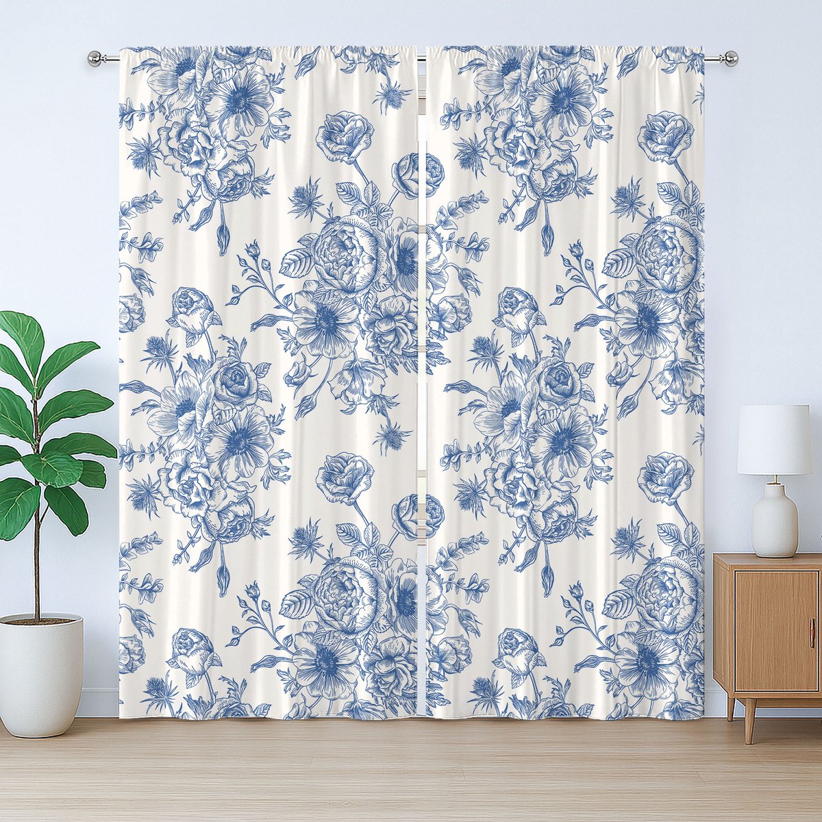 ABAKUHAUS Rustiek Gordijn met Windbloemmotief, Blauwe Bloemencorsage, Gordijn met Plooiing, Lussen en Haken , 280 x 175 cm, Nachtblauw Wit