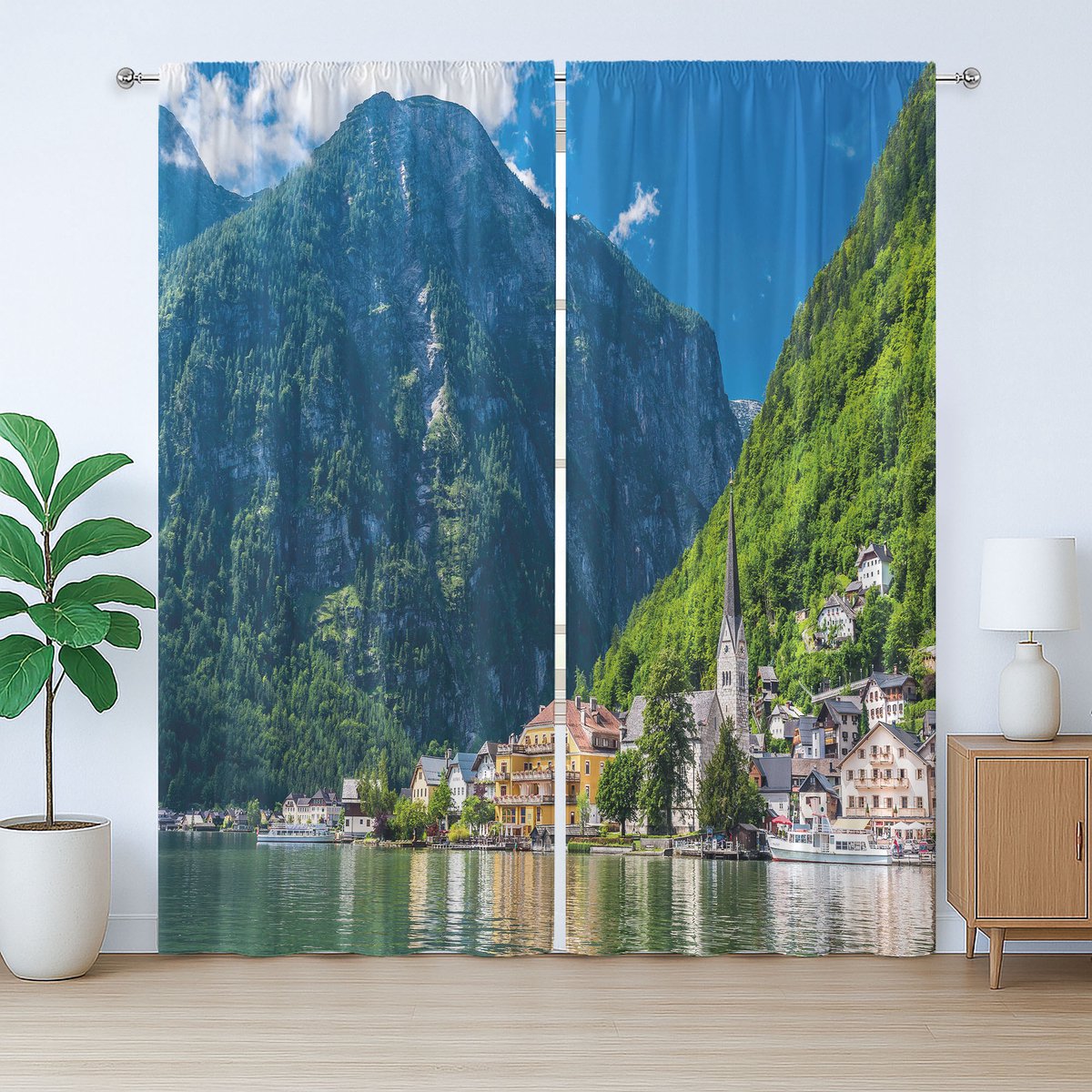 ABAKUHAUS Rustiek Landschap Gordijn, Natuurlijk Uitzicht Oostenrijk, met Bandjes voor de Woonkamer met Lussen en Haken, 280 x 245 cm, Groen Wit Blauw