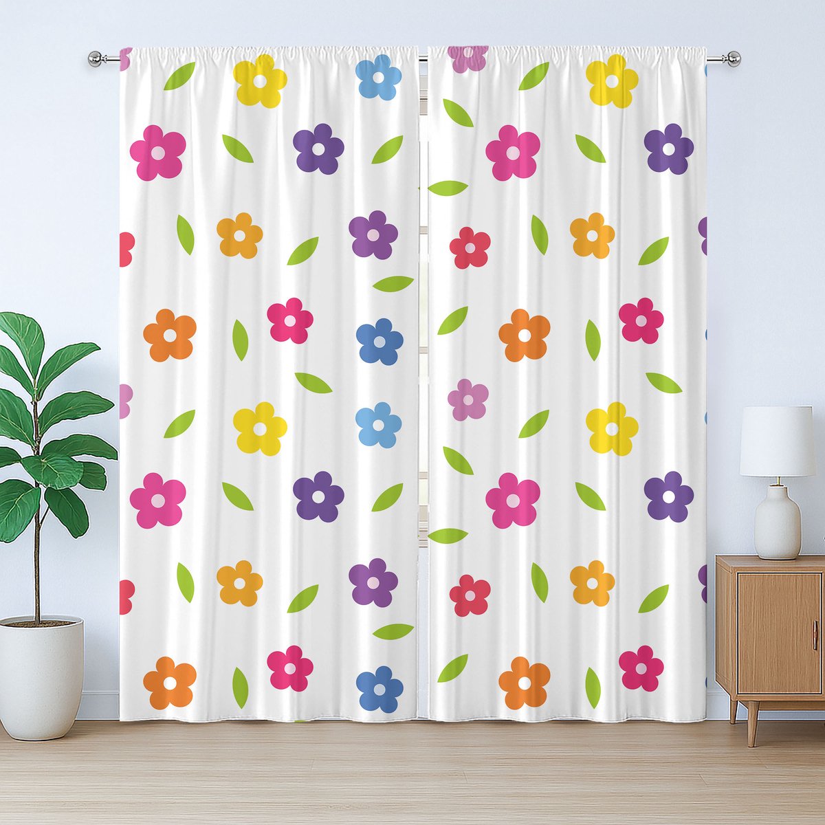 ABAKUHAUS Kleurrijk rustiek gordijn, madeliefjesweide, met lussen en haken voor de woonkamer, 280 x 245 cm, wit, blauw, groen