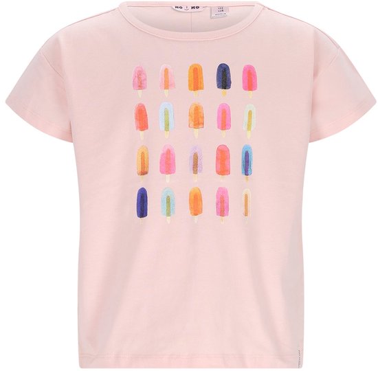 Roze t-shirt met een print van 20 kleurrijke ijsco's op een stokje.