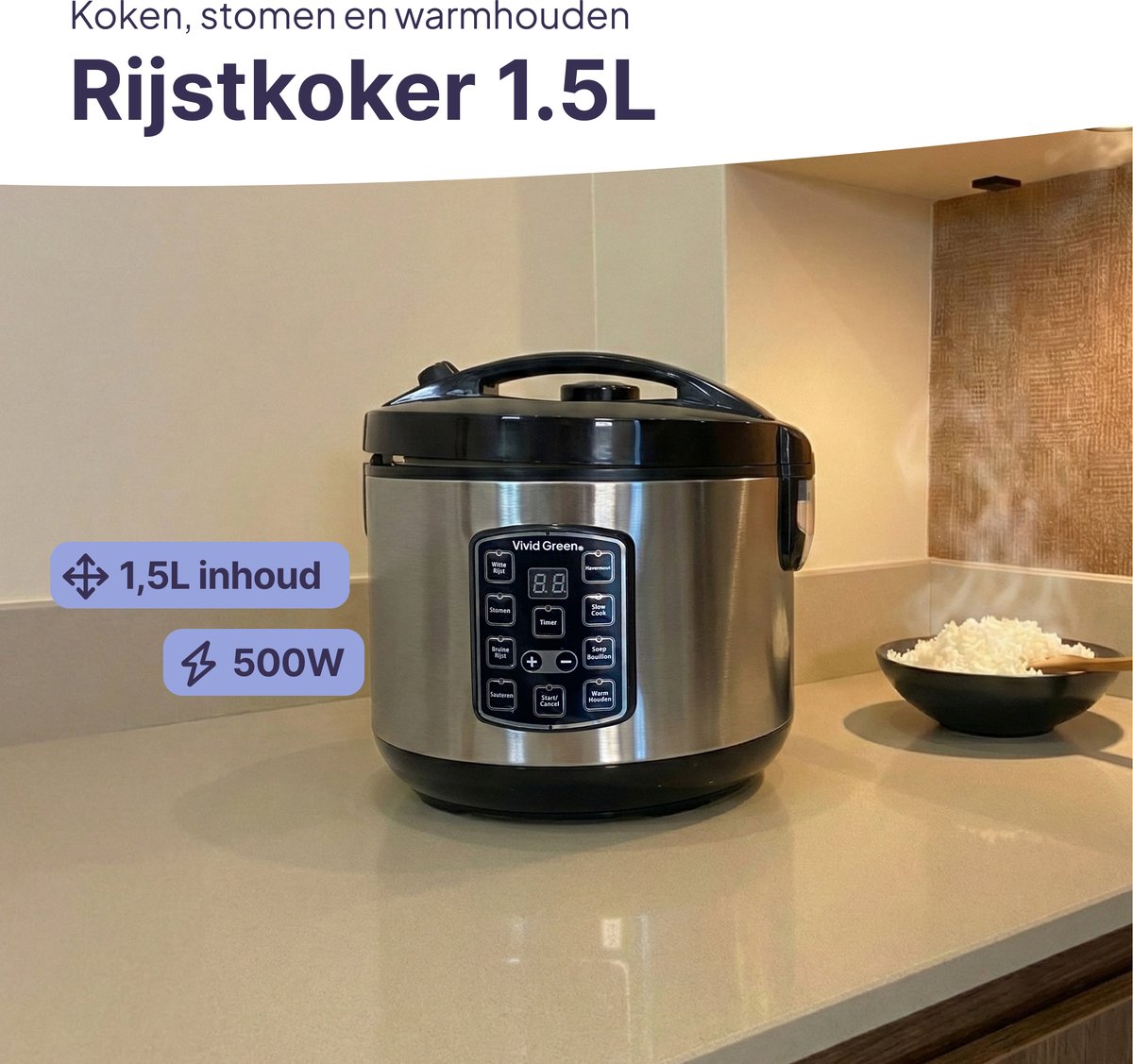 Vivid Green Rijstkoker - 1.5L Multicooker thumbnail 2