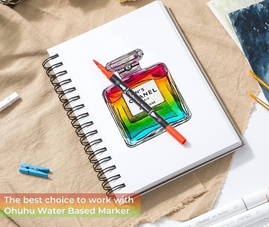 Schetsboek met een tekening van een Chanel N°5 parfumfles, ingekleurd met regenboogkleuren. Een rode marker ligt erop.