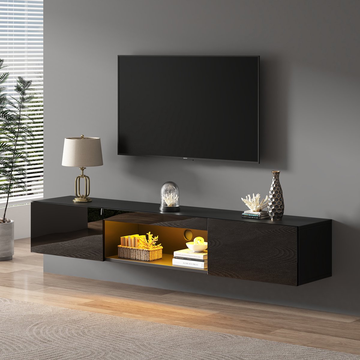 FloraGrace Wand Tv Meubel - Hoogglans Met Led Verlichting En Opbergruimte - Voor Woonkamer - MDF Spaanplaat Zwart - 160x31x22 Cm