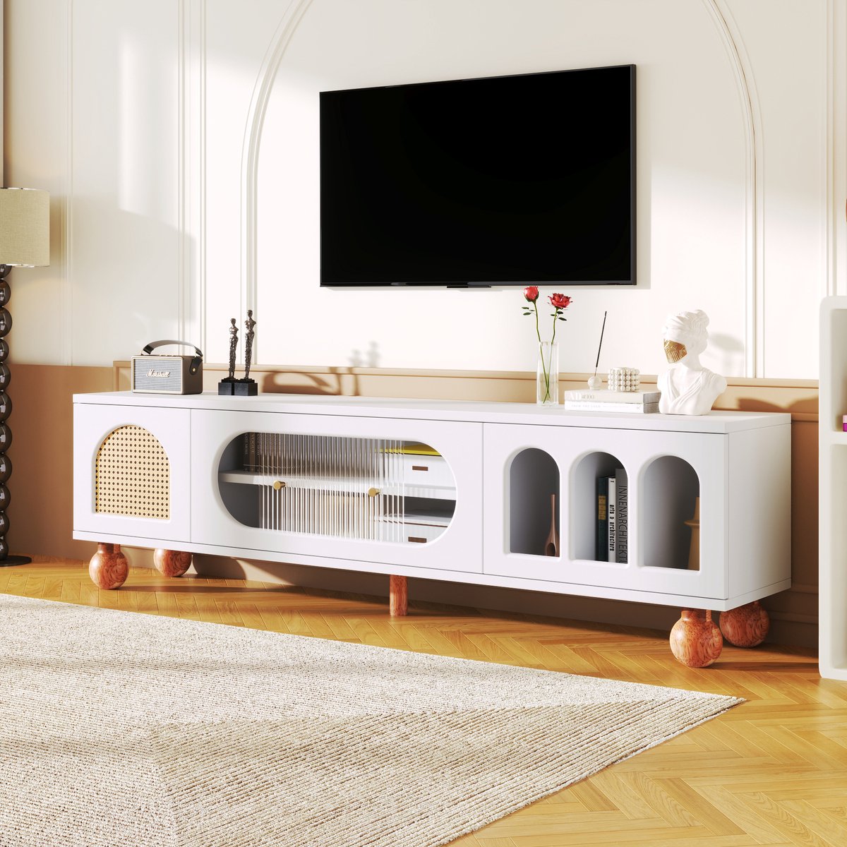 FloraGrace Tv Meubel - Rattanlook En Glazen Schuifdeur - 3 Open Boogvakken Voor Woonkamer - Spaanplaat Wit - 170x47x37 Cm
