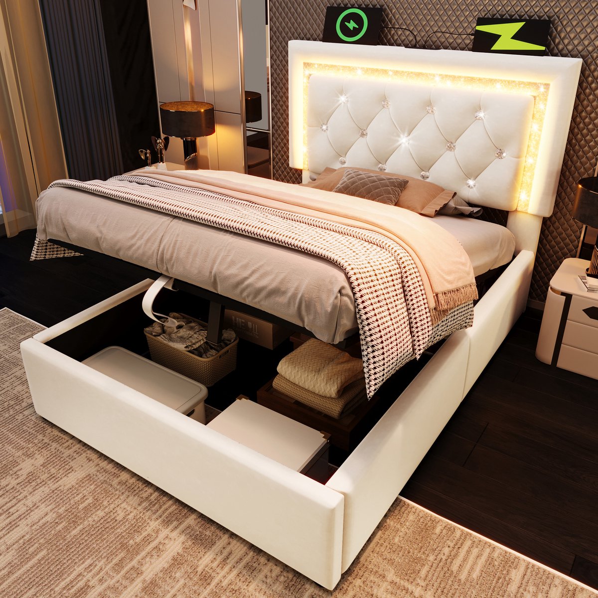 MODFU Bedframe 90x200 cm – Beige fluweel met LED & USB/Type-C – Hydraulisch